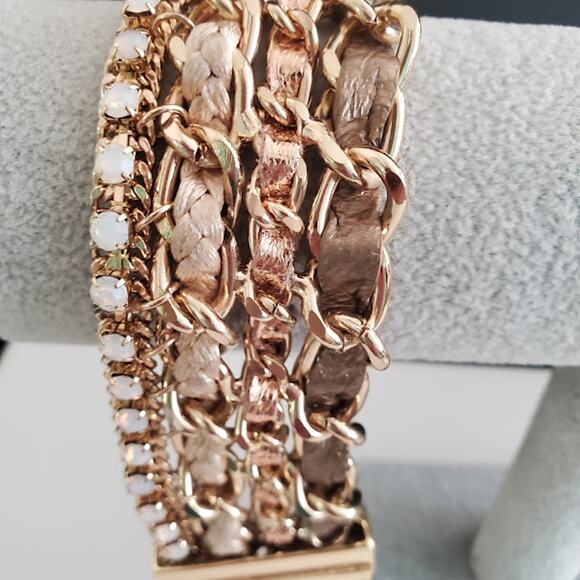 Wide Link Bracelet with Leather and Faux Opals Gold Tone Magnetic Clasp - Picture 7 of 8